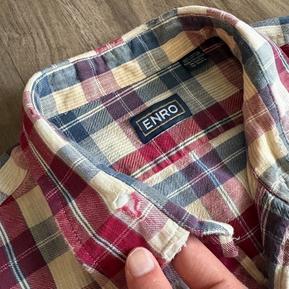 Vintage 1970s Enro Button Up Shirt Men's Size XL Plaid Striped Flannel Distress - Picture 6 of 7